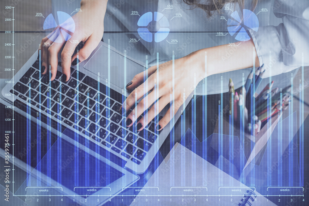 Double exposure of woman hands typing on computer and forex chart hologram drawing. Stock market invest concept.
