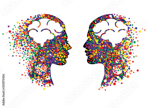 Abstract face with colorful circles. Man and woman head icons with abstract brains vector illustration