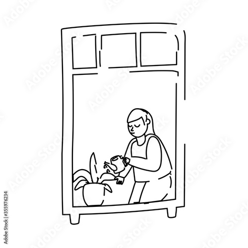 woman care houseplant in apartment window for quarantine line style