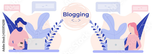 Video blogger, freelancer miniature people blogging a new content on website. Make review digital technology flat cartoon miniature illustration vector graphic on white background.
