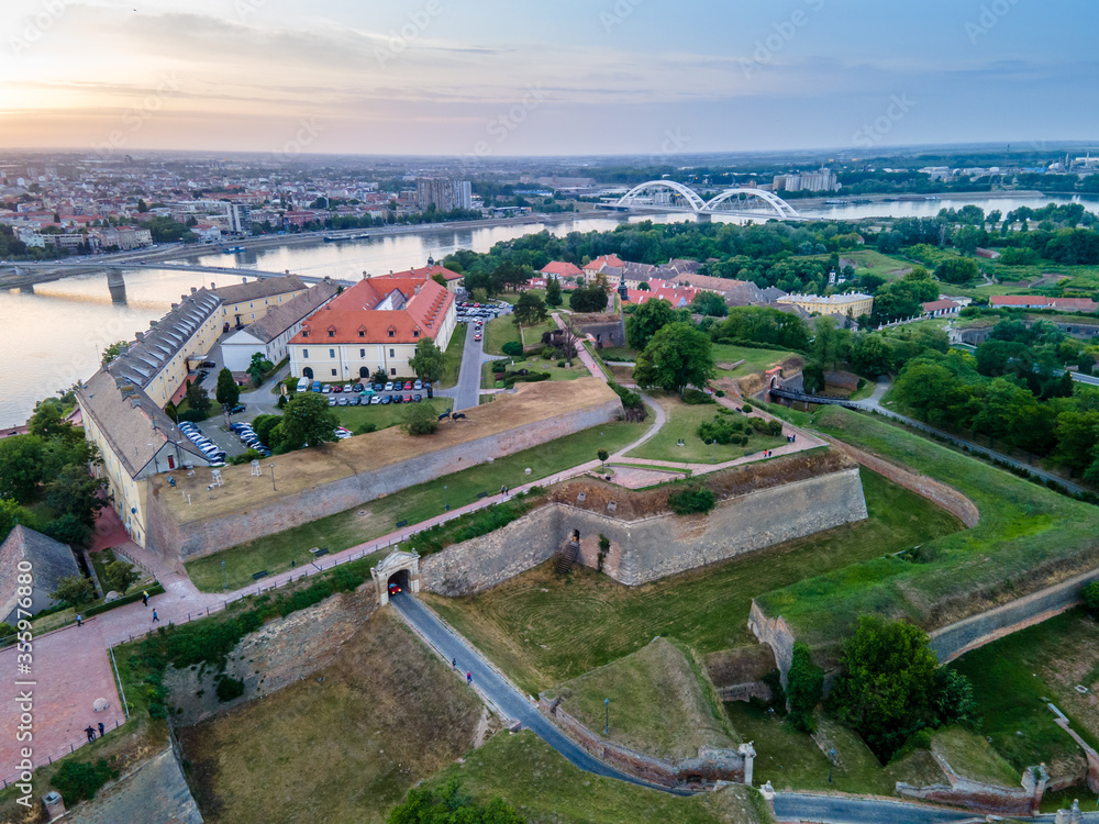 Petrovaradin fortress from air at sunset
