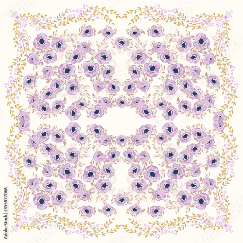 Colorful beautiful shawl, scarf print. Flowering summer meadow background. Country, Cuban, gipsy style. Bandana, pareo, home textile design. Use for textile, covers, surface, scrapbooking, decoupage.