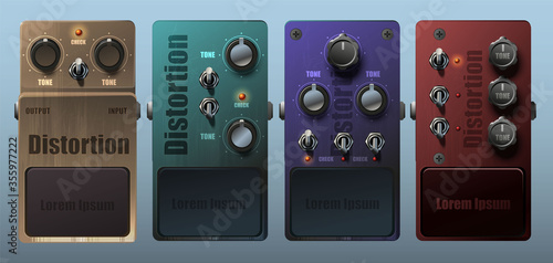 Set of realistic guitar pedal effects. Vector.