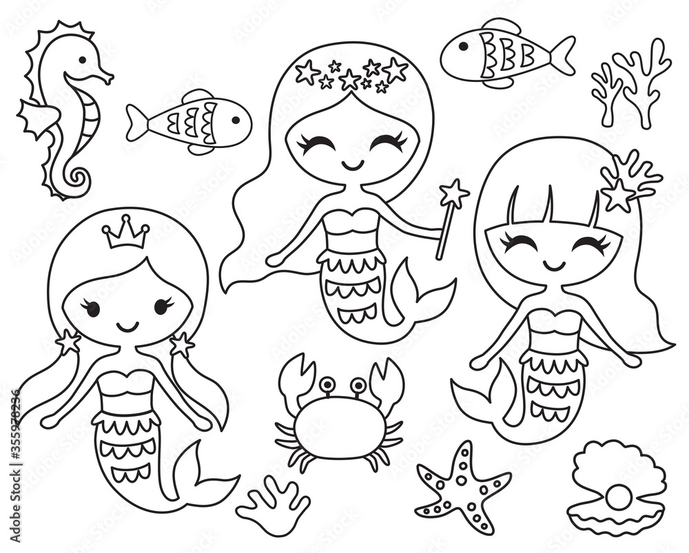 Outline mermaids, fishes, starfish, shell, seahorse, and crab liner art ...