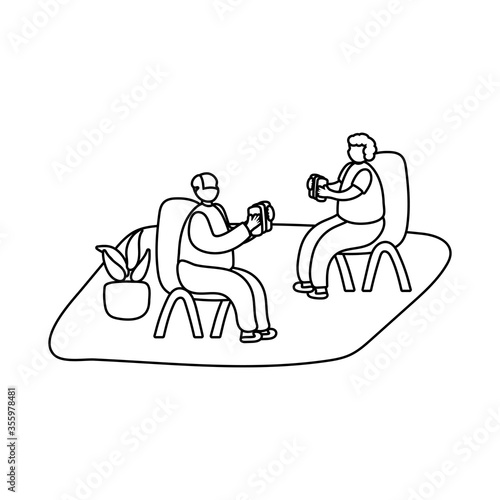 eldery couple reading books in home activity line style