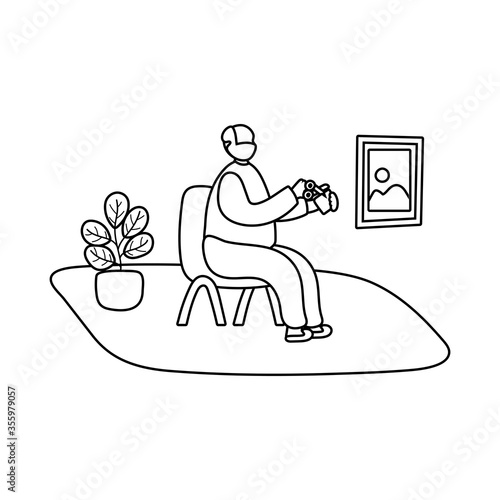 eldery cutting with scissors man in home activity line style