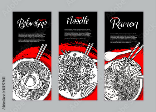 three banners with different asian food