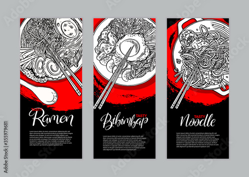 three banners with different asian food