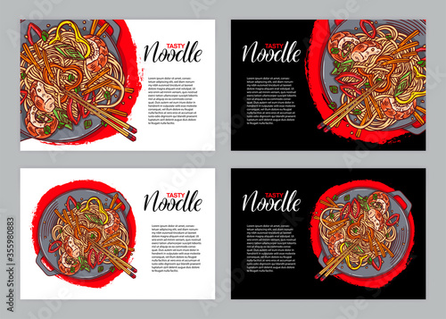 four banners with asian noodles
