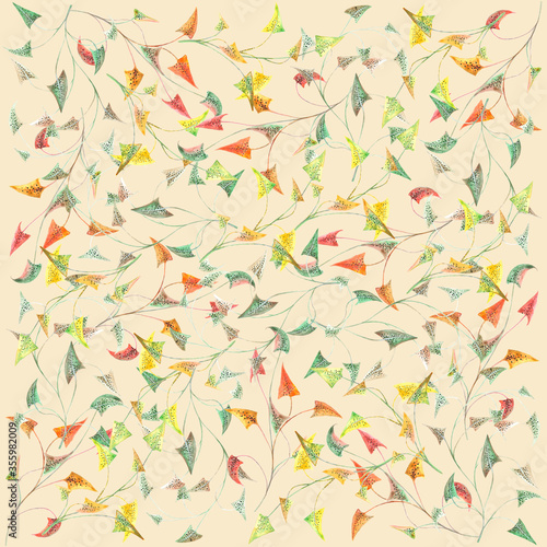 Colorful triangle leaves on light background: square watercolor illustration, hand drawn floral background.
