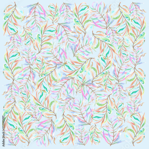 Colorful branches on light-blue background: square watercolor illustration, tender hand drawn background. © lipchania