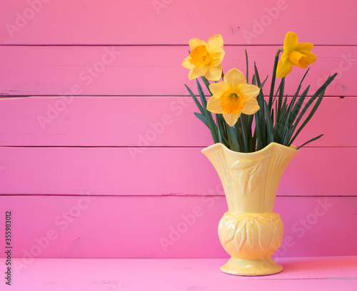 Pretty Yellow Daffodils in Bloom in Spring in Vintage Vase on Bright Pink Wood Board Background with room or space for copy  text or words.  Horizontal side view
