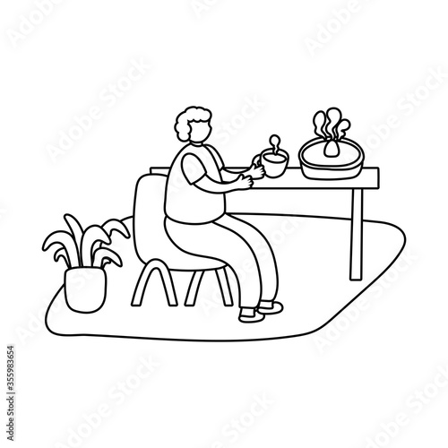 eldery man eating coffee and pie in home activity line style