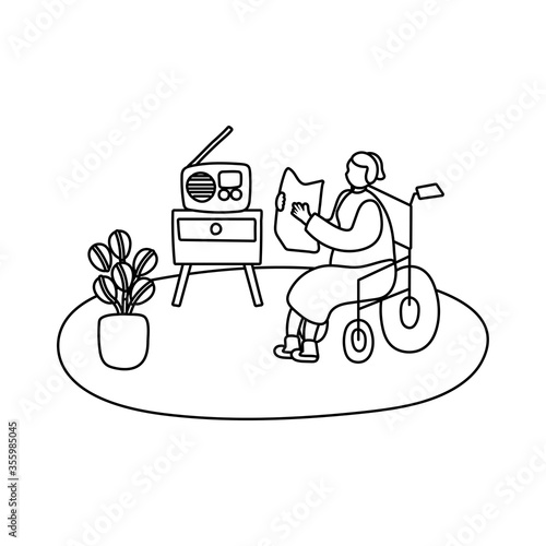 eldery woman in wheelchair listening radio home activity line style