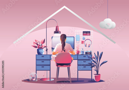 Work from home concept, Young woman freelancers working on laptops at home. People at home in quarantine. Pink background Back view, Staying at home vector illustration. Flat Design character