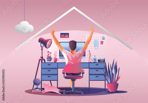 Work from home concept, Young man freelancers working on laptops at home. People at home in quarantine. Pink background Back view, Staying at home vector illustration. Flat Design character