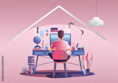 Work from home concept, Young man freelancers working on laptops at home. People at home in quarantine. Pink background Back view, Staying at home vector illustration. Flat Design character photo