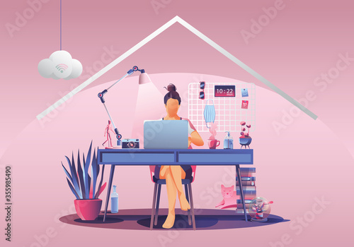 Work from home concept, Young woman freelancers working on laptops at home. People at home in quarantine. Pink background front view, Staying at home vector illustration. Flat Design character