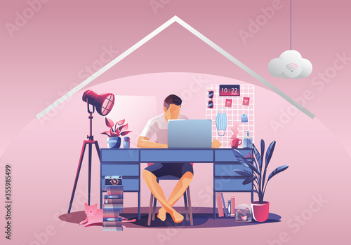 Work from home concept, Young man freelancers working on laptops at home. People at home in quarantine. Pink background front view, Staying at home vector illustration. Flat Design character