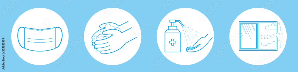 Fototapeta premium 感染予防アイコン｜Hand washing line icons set. Blue vector illustration. Editable stroke.