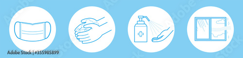 感染予防アイコン｜Hand washing line icons set. Blue vector illustration. Editable stroke.