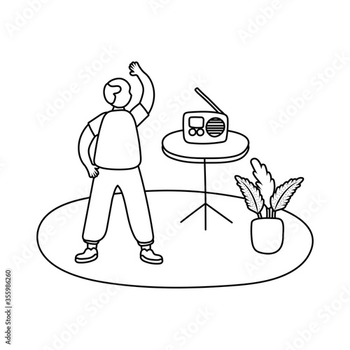 eldery man listening radio in home activity line style