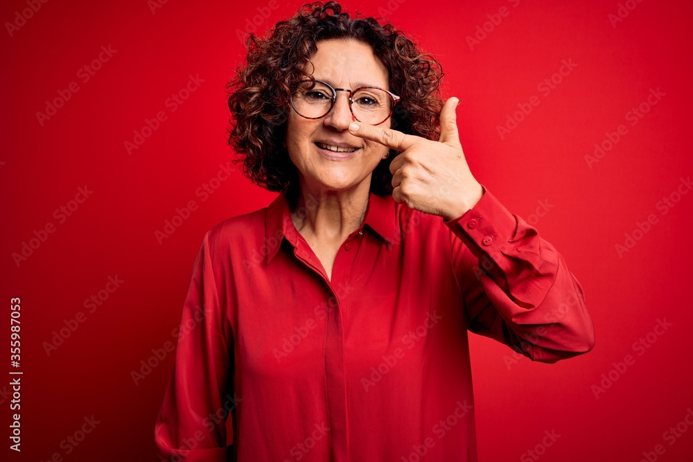 Middle age beautiful curly hair woman wearing casual shirt and glasses over red background Pointing with hand finger to face and nose, smiling cheerful. Beauty concept Middle age beautiful curly hair woman wearing casual shirt and glasses over red background Pointing with hand finger to face and nose, smiling cheerful. Beauty concept