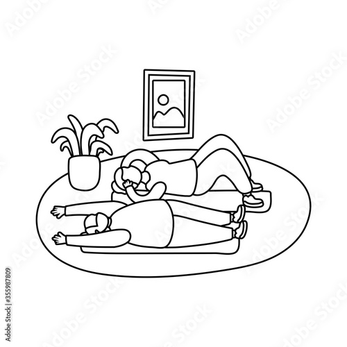 eldery couple practicing exercise in home activity line style