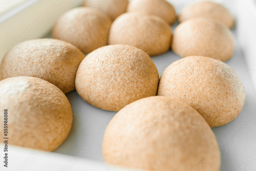 Wheat dough with flour. Cooking pizza with italian Yellow dough. Food blanks in restaurant. Flour products Wheat dough with flour. Cooking pizza with italian Yellow dough. Food blanks in restaurant. Flour products
