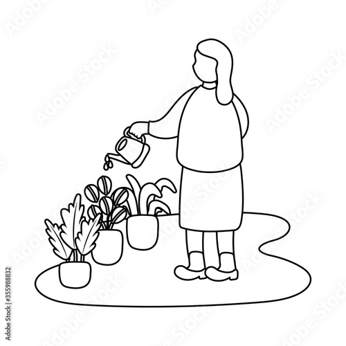 eldery woman care plants in home activity line style