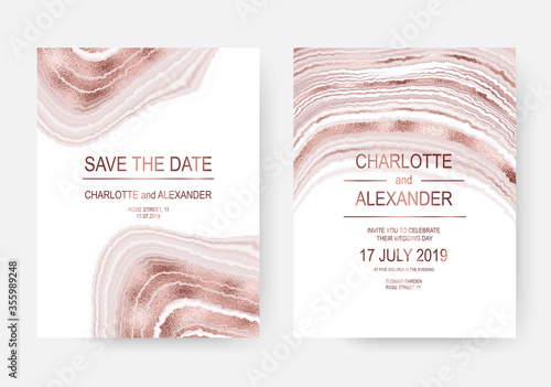 Agate slice wedding invitation design cards with rose gold waves.