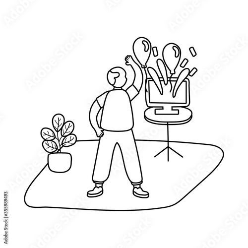 eldery man celebrating party online in home activity line style