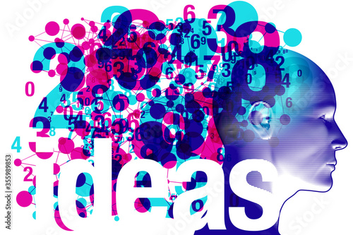 An adult side profile overlaid with various semi-transparent magenta and cyan shapes objects and details. The word    Ideas    is placed across the bottom of the composition.