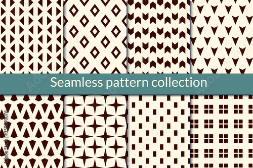 Minimal geometric seamless pattern collection. Geo background set. Triangle, star, square, diamond, arrow print bundle