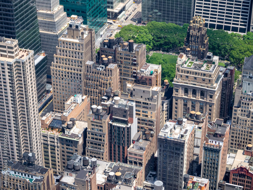 Manhattan midtown buildings and streets viewed from above
