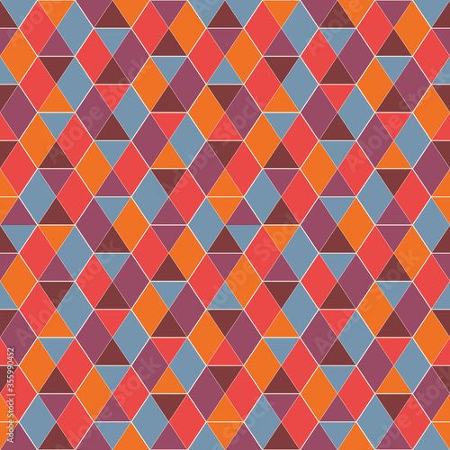 Seamless pattern with stained glass mosaic. Contemporary print with repeated triangles. Modern geometric background.