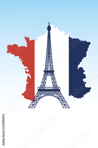 Fototapeta Naklejka Na Ścianę i Meble -  france eiffel tower with flag map of happy bastille day vector design