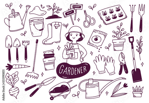 Set of Gardener Tools in Doodle Style 