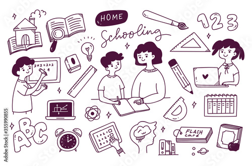 Home schooling concept doodle vector illustration