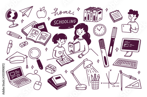 Home schooling concept doodle vector illustration