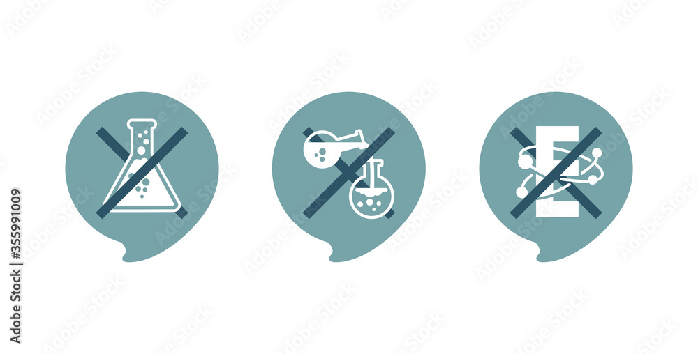 No preservatives, no additives, E number and dye free green sign set - organic food stickers - vector packaging label in decorative pin form No preservatives, no additives, E number and dye free green sign set - organic food stickers - vector packaging label in decorative pin form