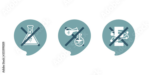 No preservatives, no additives, E number and dye free green sign set - organic food stickers - vector packaging label in decorative pin form