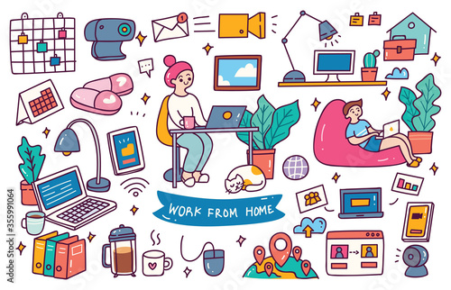 WorK From Home Concept Doodle Set