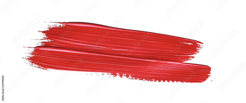 Red colored brush stroke paiting over isolated background, canvas watercolor texture, red lipstick smudge