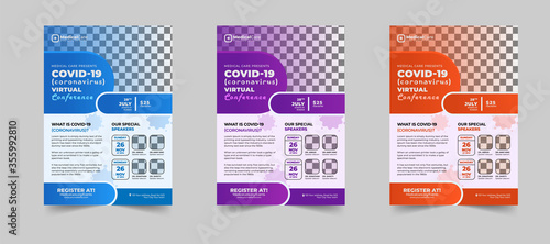 Coronavirus and Covid 19 virtual Conference Flyer Template Design with a4 size,Flyer design for Covid-19 Coronavirus concept, COVID-19 dangerous virus flyer poster brochure