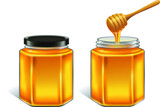 Honey glass jar and honey in jar with honey dipper isolated on white.Illustration