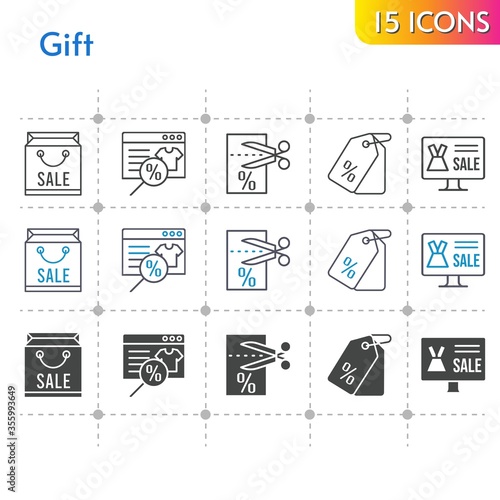 gift icon set. included shopping bag, online shop, voucher, price tag icons on white background. linear, bicolor, filled styles.