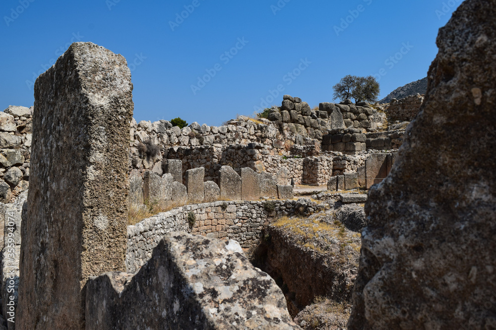 Walls and ruins remaining of the fort of Mycenae bronze age civilization of ancient Greece