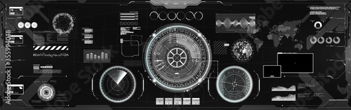 Black and white UI, GUI elements in HUD style. Virtual cockpit or control center, spaceship dashboard with futuristic user interface HUD (radar, circle gadgets, Earth Globe, sound wave and other)