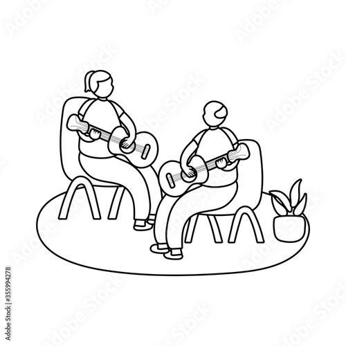 eldery couple playing guitars in home activity line style